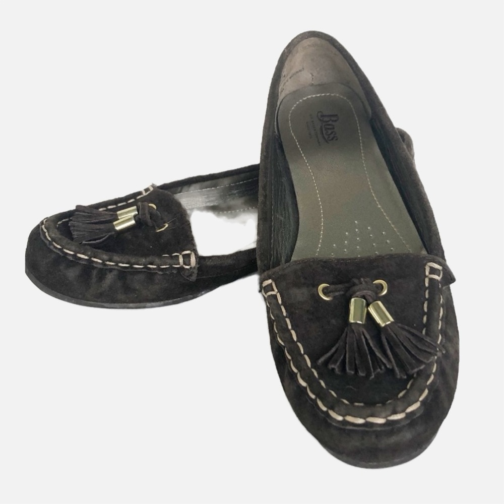 Bass Vida Brown Suede Slip-on Loafers Tassels Rubber Sole Contrasting Stiiching
